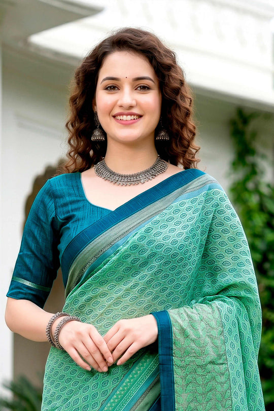 Mint Green Cotton Blend Woven Work Traditional Saree