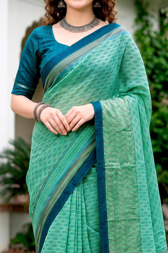 Mint Green Cotton Blend Woven Work Traditional Saree