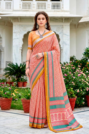 Peach Pink Cotton Blend Woven Work Traditional Saree