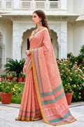 Peach Pink Cotton Blend Woven Work Traditional Saree