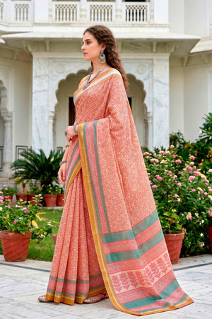 Peach Pink Cotton Blend Woven Work Traditional Saree