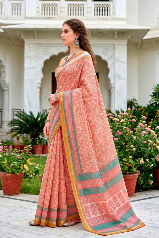 Peach Pink Cotton Blend Woven Work Traditional Saree