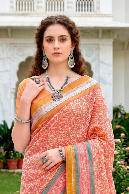 Peach Pink Cotton Blend Woven Work Traditional Saree