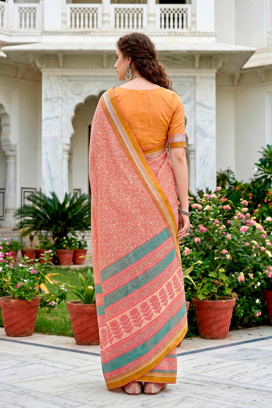 Peach Pink Cotton Blend Woven Work Traditional Saree