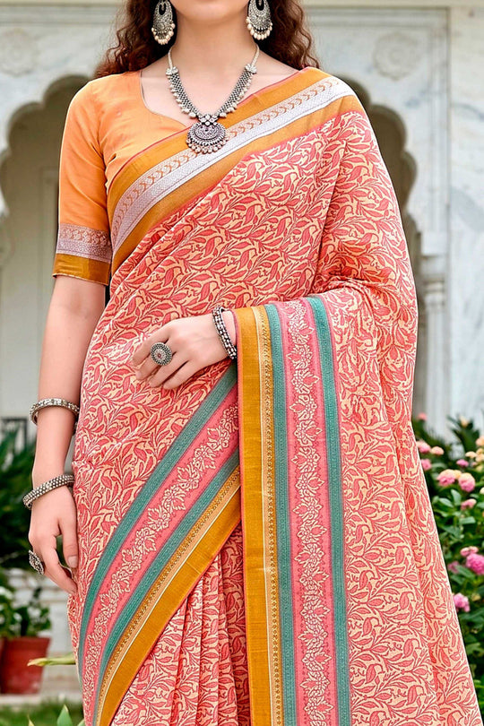 Peach Pink Cotton Blend Woven Work Traditional Saree