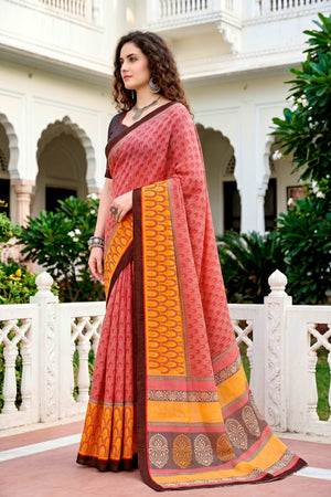 Brick Red Mustard Cotton Blend Woven Work Traditional Saree