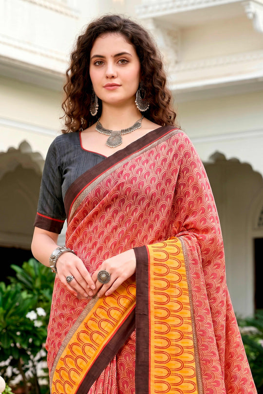 Brick Red Mustard Cotton Blend Woven Work Traditional Saree