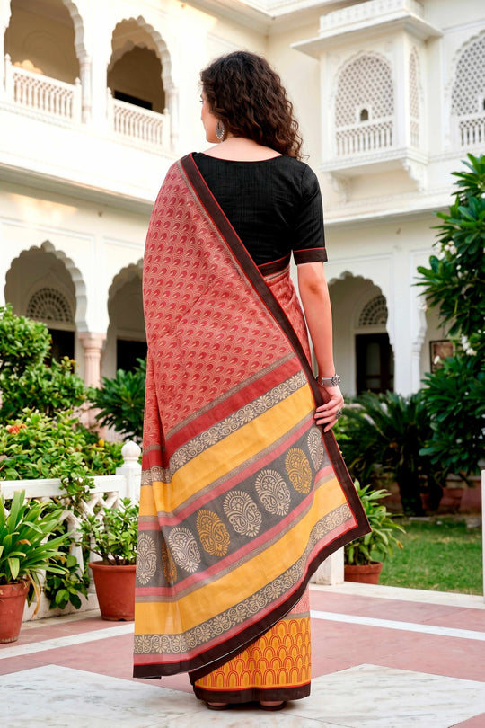 Brick Red Mustard Cotton Blend Woven Work Traditional Saree