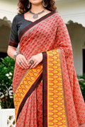 Brick Red Mustard Cotton Blend Woven Work Traditional Saree