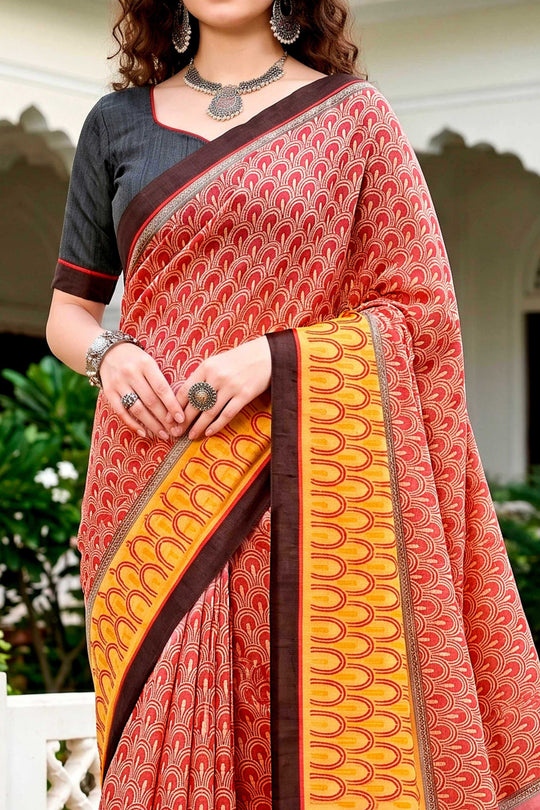 Brick Red Mustard Cotton Blend Woven Work Traditional Saree