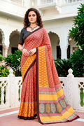 Brick Red Mustard Cotton Blend Woven Work Traditional Saree