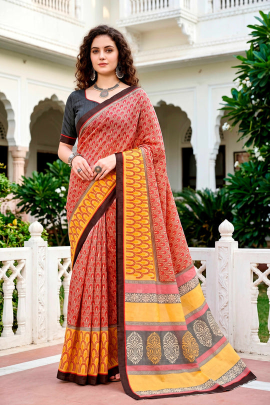 Brick Red Mustard Cotton Blend Woven Work Traditional Saree