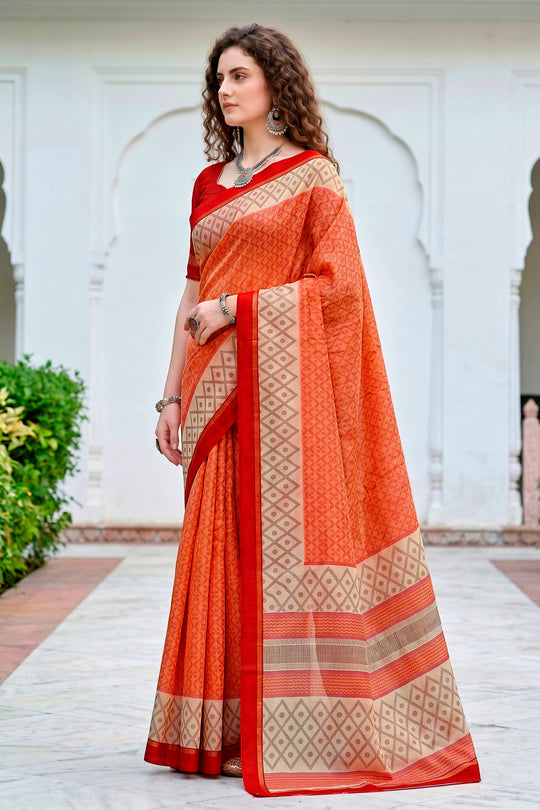 Bright Orange Cotton Blend Woven Work Traditional Saree