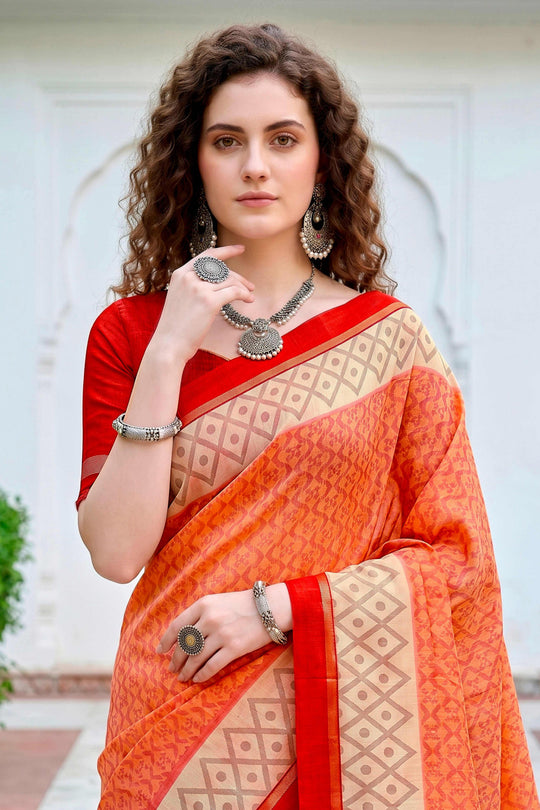 Bright Orange Cotton Blend Woven Work Traditional Saree