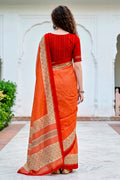 Bright Orange Cotton Blend Woven Work Traditional Saree