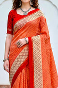 Bright Orange Cotton Blend Woven Work Traditional Saree