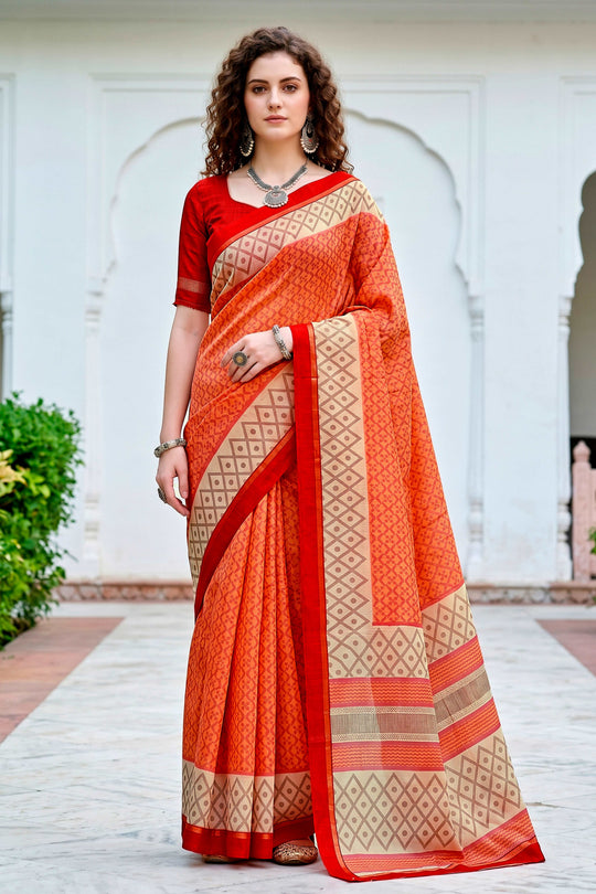 Bright Orange Cotton Blend Woven Work Traditional Saree
