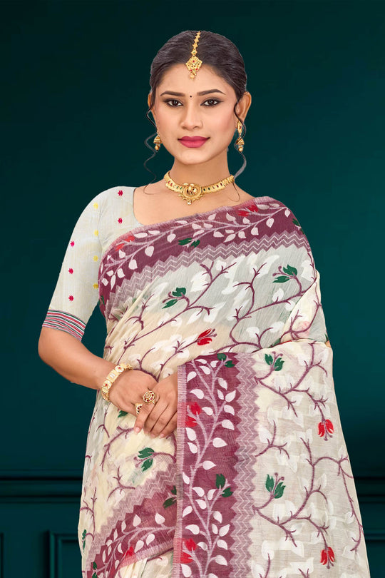 Purple Cotton Blend Woven Work Traditional Saree