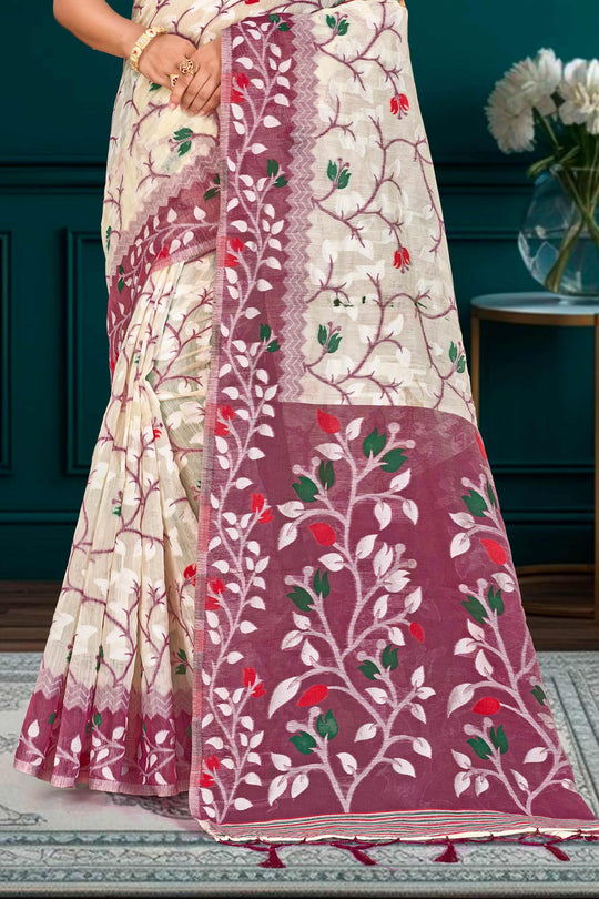 Purple Cotton Blend Woven Work Traditional Saree