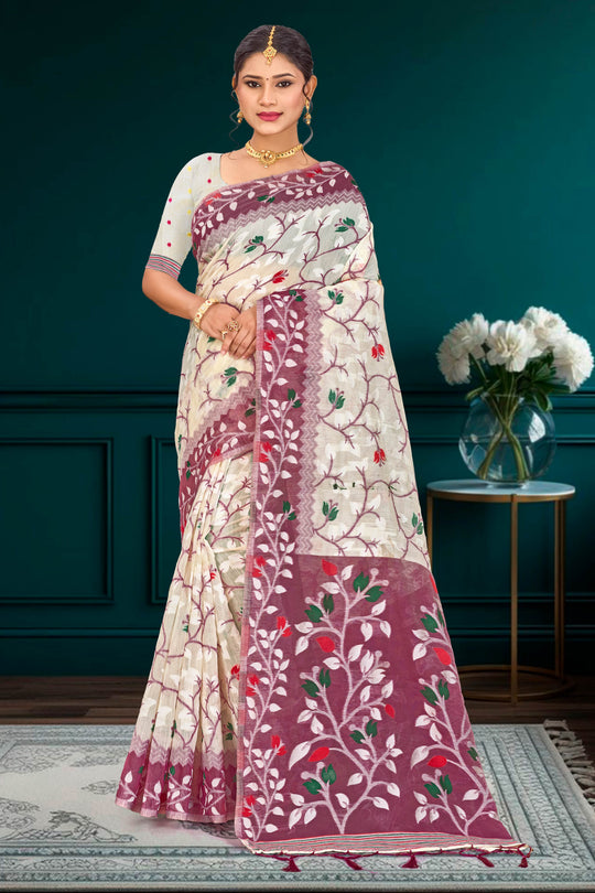 Purple Cotton Blend Woven Work Traditional Saree