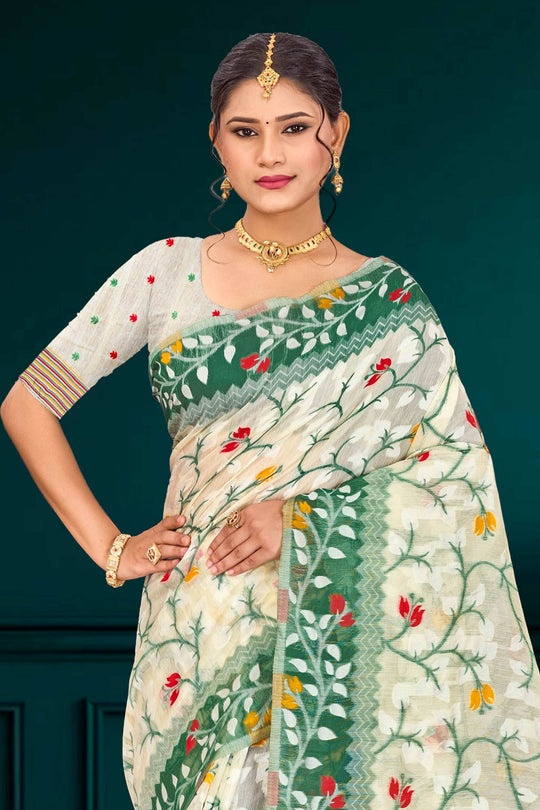 Dark Green Cotton Blend Woven Work Traditional Saree