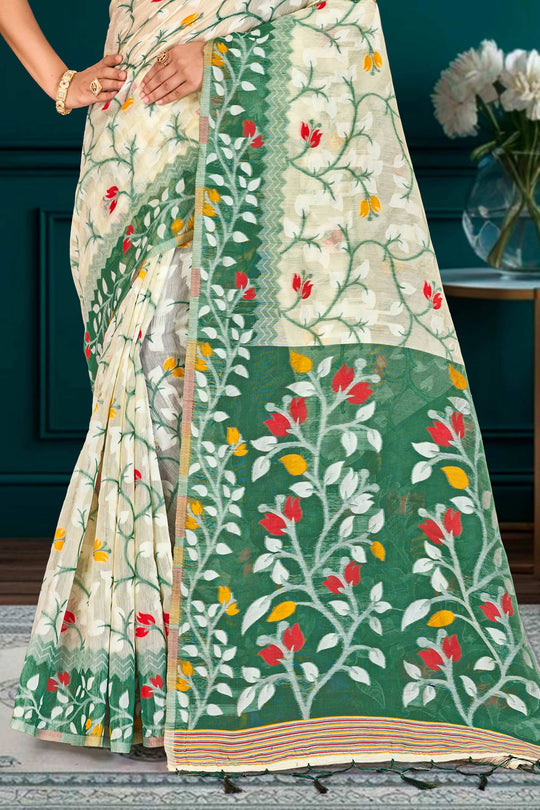Dark Green Cotton Blend Woven Work Traditional Saree