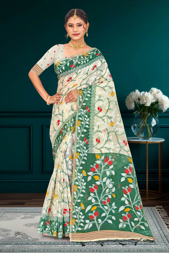 Dark Green Cotton Blend Woven Work Traditional Saree