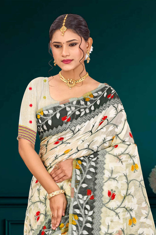 Gray Cotton Blend Woven Work Traditional Saree