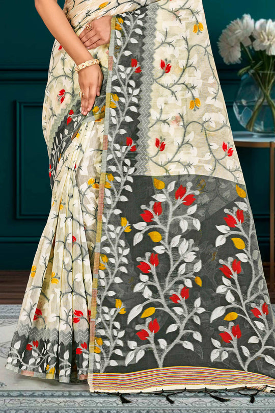 Gray Cotton Blend Woven Work Traditional Saree