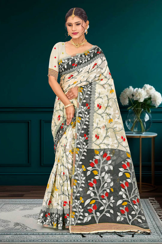 Gray Cotton Blend Woven Work Traditional Saree