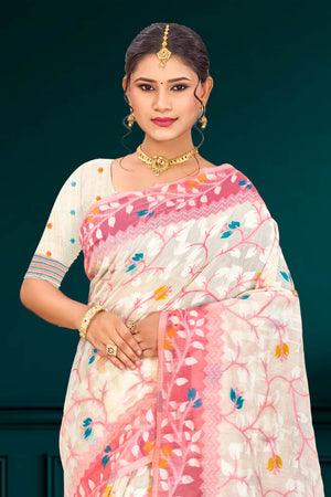 Pink Cotton Blend Woven Work Traditional Saree