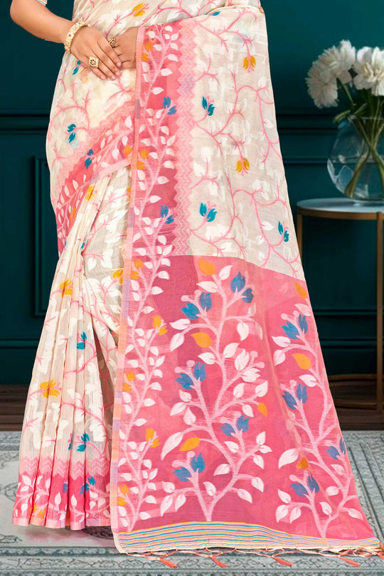 Pink Cotton Blend Woven Work Traditional Saree