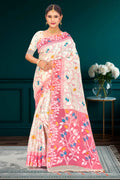 Pink Cotton Blend Woven Work Traditional Saree