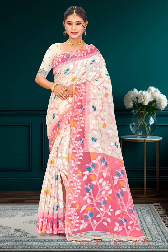 Pink Cotton Blend Woven Work Traditional Saree