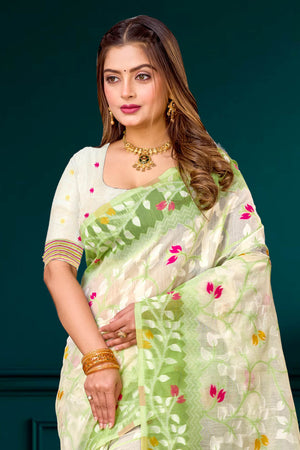 Green Cotton Blend Woven Work Traditional Saree