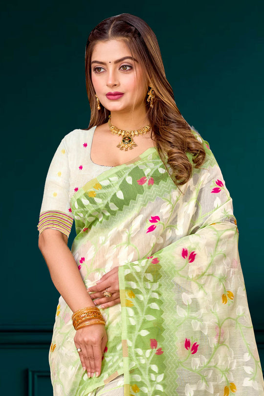 Green Cotton Blend Woven Work Traditional Saree
