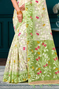 Green Cotton Blend Woven Work Traditional Saree