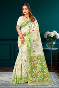 Green Cotton Blend Woven Work Traditional Saree