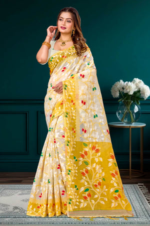 Yellow Cotton Blend Woven Work Traditional Saree