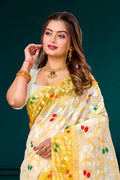Yellow Cotton Blend Woven Work Traditional Saree