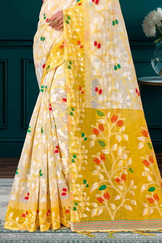 Yellow Cotton Blend Woven Work Traditional Saree