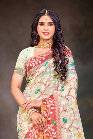 Red Cotton Blend Woven Work Traditional Saree