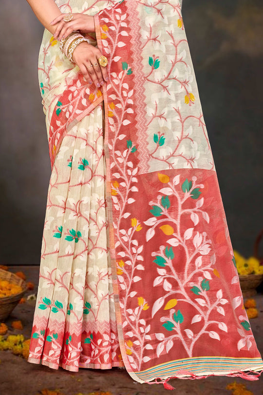 Red Cotton Blend Woven Work Traditional Saree