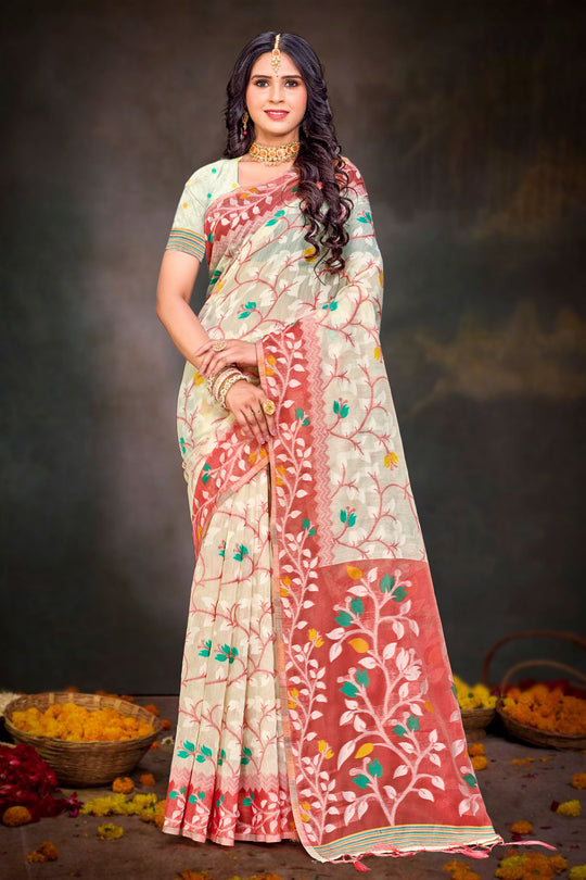 Red Cotton Blend Woven Work Traditional Saree