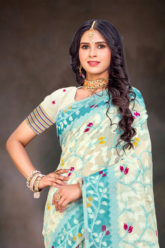 Sea Green Cotton Blend Woven Work Traditional Saree