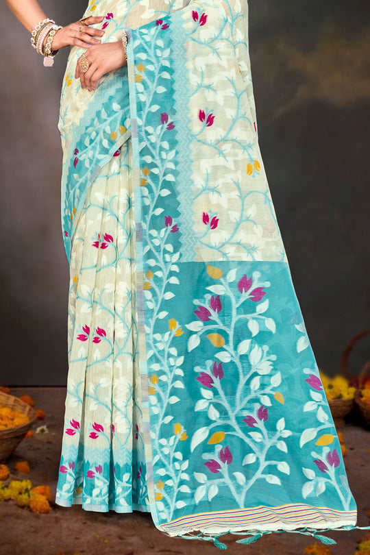 Sea Green Cotton Blend Woven Work Traditional Saree