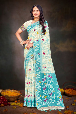Sea Green Cotton Blend Woven Work Traditional Saree