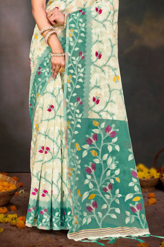 Mint Green Cotton Blend Woven Work Traditional Saree