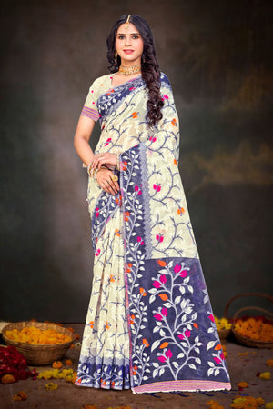 Violet Cotton Blend Woven Work Traditional Saree