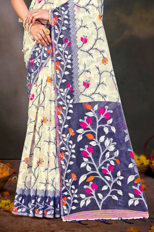 Violet Cotton Blend Woven Work Traditional Saree